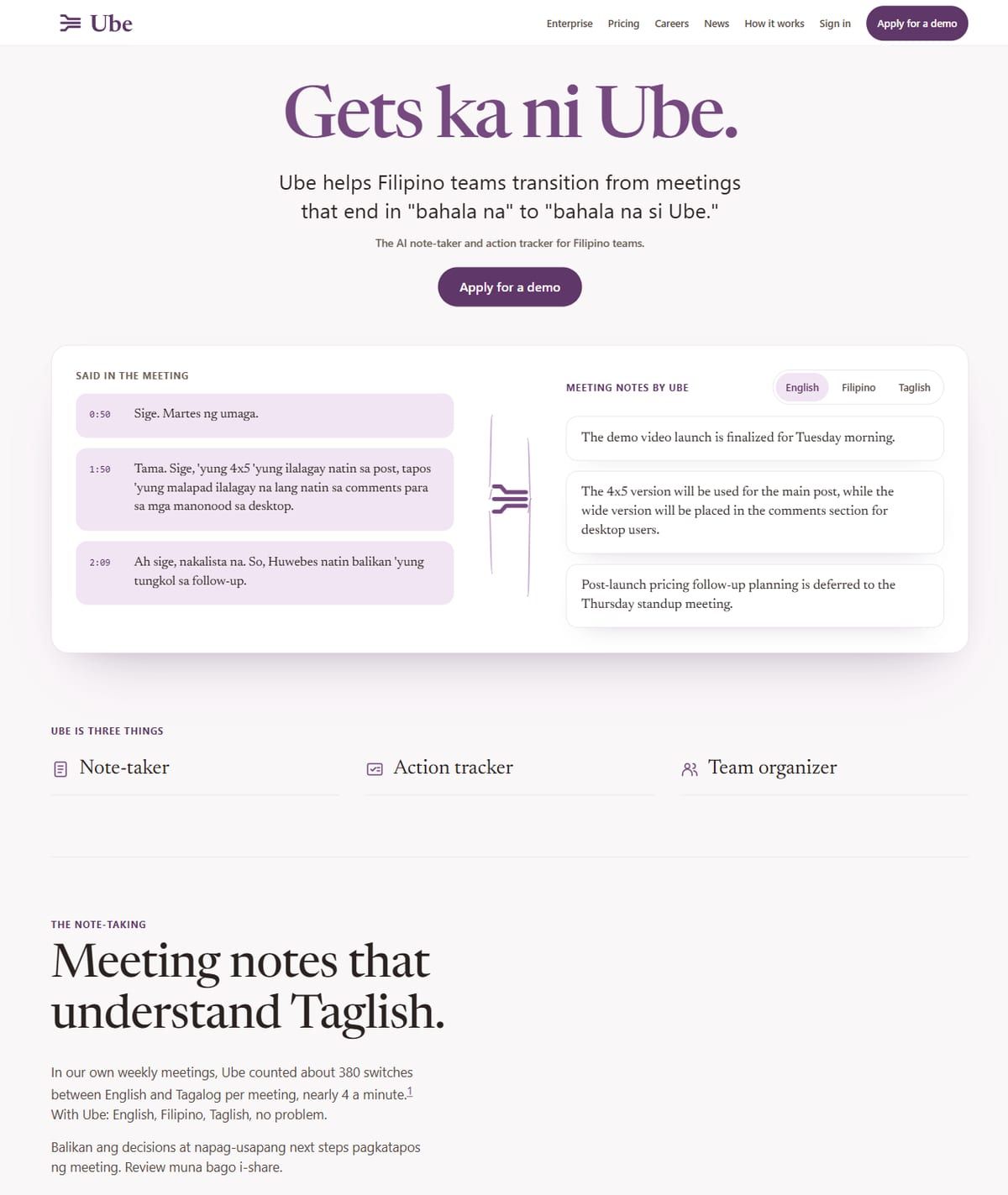 Ube's home page: the headline "Gets ka ni Ube.", a demo button, and Taglish meeting lines turning into English notes.